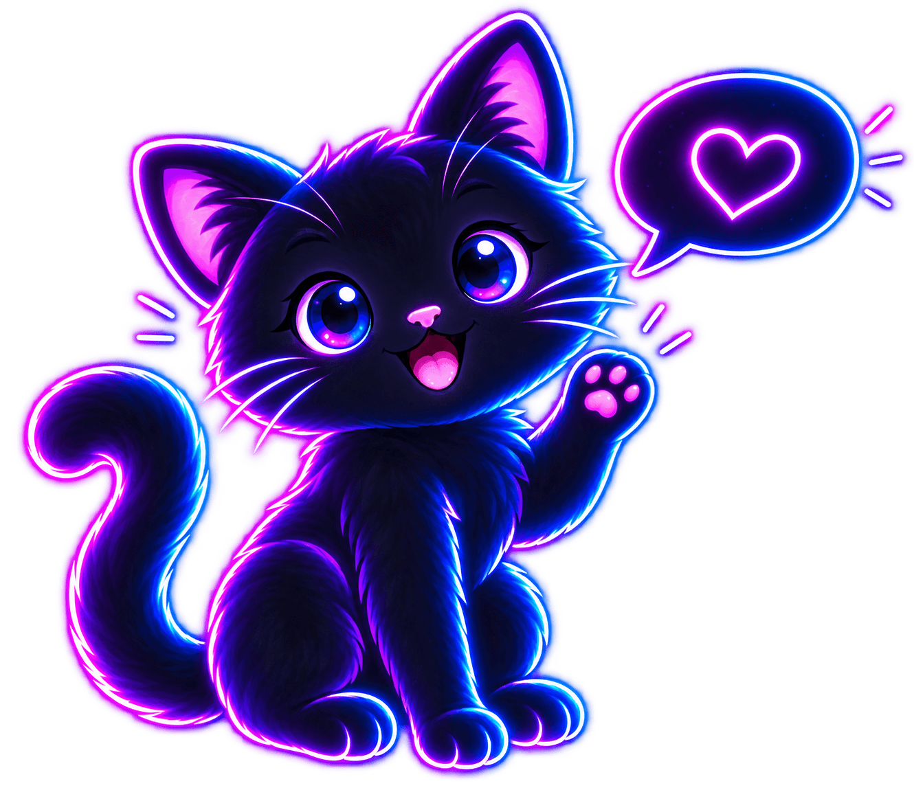 Neon cat waving with a heart speech bubble