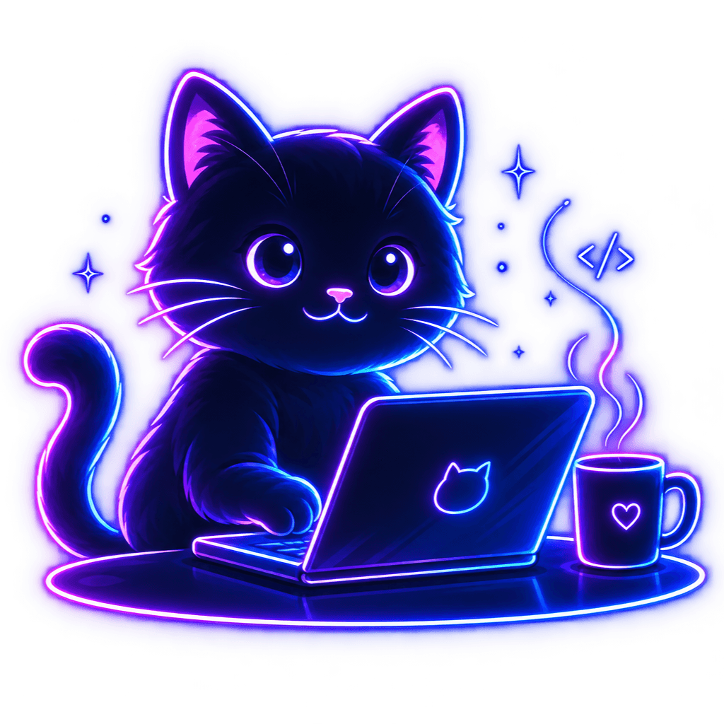 Neon cat coding on a laptop