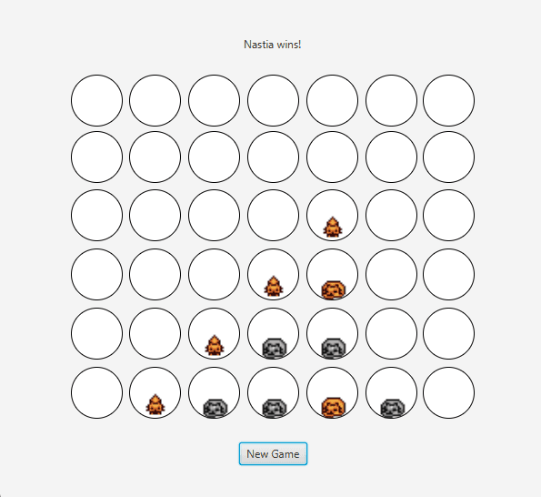 Catnect Four JavaFX game showing a completed game with animated cat pieces